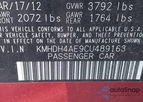 2012 Hyundai Elantra Limited (Ulsan Plant) из США, поврежденный, VIN KMHDH4AE9CU489163